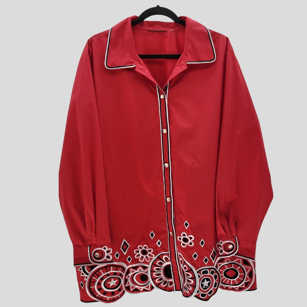 Vintage Women Size 2X( 52”Chest) Snap Button Down Red Shirt